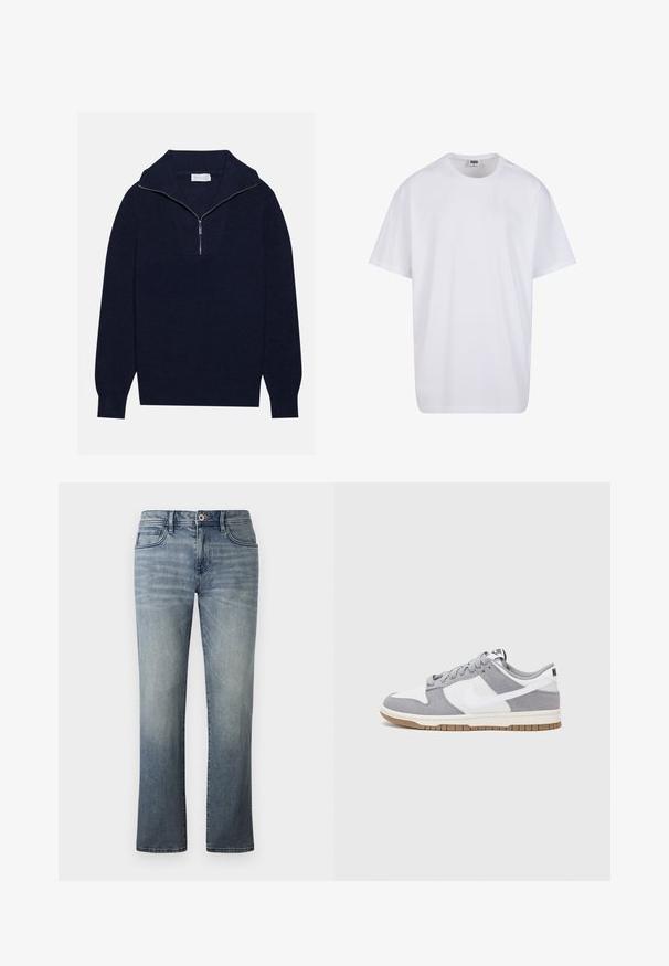 Mornarsko modra pletena pulover s polovico zadrge, ki se ponaša z rebrasto strukturo in V-obliko na sprednji strani. Dolgi rokavi in prilagojen rob.; Bela bombažna majica s kratkimi rokavi, okroglim izrezom, sproščenim krojem in brez vidnih logotipov ali vzorcev. Gladka tekstura in minimalen dizajn.; Svijetlo prane traperice s ravnim krojem, stil pet džepova, metalna kopča i suptilni izblijedjeli detalji.; Nike superge imajo zgornji del iz sivega semiša in bele usnjene tkanine z luknjicami, okroglimi vezalkami in gumijastim podplatom za oprijem.