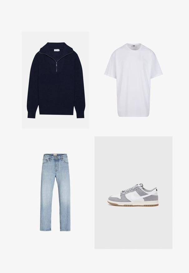 Námorně modrý pletený svetr s polo zipem na límci, s vroubkovanou texturou a V-šikmým designem na přední straně. Dlouhé rukávy a přiléhavý lem.; Bílé triko z bavlny s krátkým rukávem, kulatým výstřihem, volným střihem a bez viditelných log či vzorů. Hladká textura a minimalistický design.; Světlé modré džíny z denimu se rovným střihem, designem s pěti kapsami, zapínáním na knoflík a zip a s jemným vyblednutím na látce.; Šedé a bílé tenisky s svrškem z jemné kůže a kůže, kulatou špičkou, plochými tkaničkami a gumovou podrážkou s akcentem v barvě gumy.