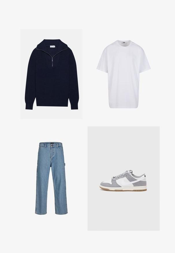 Tums zilas adītas džemperis ar pusi rāvējslēdzēja apkakli, ar ribota raksta tekstūru un V-veida dizainu priekšā. Garas piedurknes un pieguļošs apakšmalas. ; Balta kokvilnas T-kreklu ar īsām piedurknēm, apaļu kakla izgriezumu, brīvu piegriezumu un bez redzamām logo vai rakstiem. Gluda tekstūra un minimālistisks dizains.; Gaiši zili džinsi ar brīvu piegriezumu, taisnām kājām un klasisku jostas pogu. Iespējami sānu kabatas un smalki šuvju akcenti.; Pelēki un balti sporta apavi ar zamšādas un ādas virsu, noapaļota purngala, plakaniem šņorēm un gumijas zoli ar gumijas akcentu.