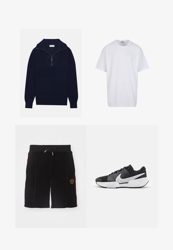 Tumed sinise kudumisega sviiter poole luku kaelusega, mis sisaldab ribakujulist tekstuuri ja V-kujulist disaini esiosas. Pikad varrukad ja kitsasäär.; Valge puuvillane t-särk lühikeste varrukatega, ümmarguse kaelusega, lõdva lõikega ja ilma nähtavate logodeta või mustriteta. Sile tekstuur ja minimaalne disain.; Mustad veluurist lühikesed püksid, millel on paelaga vöökoht, punased küljeaktsendid ja vasakul jalal kuldne tikandlogo. Sile tekstuur, põlvini.; Mustad mustossid, millel on tekstureeritud ülemine osa, valge swoosh-logo, pehmendatud kand ja kontrastne valge uus, millel on siksakmuster.