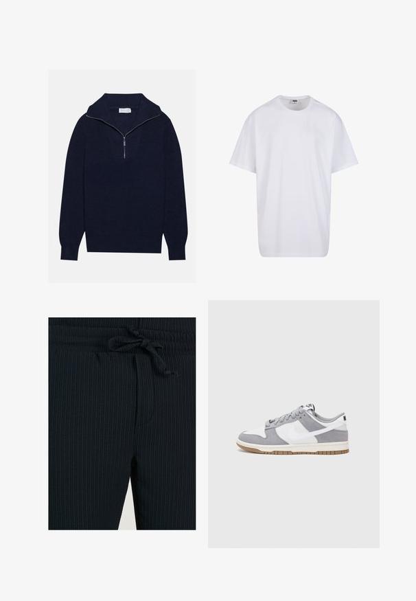 Tums zilas adītas džemperis ar pusi rāvējslēdzēja apkakli, ar ribota raksta tekstūru un V-veida dizainu priekšā. Garas piedurknes un pieguļošs apakšmalas. ; Balta kokvilnas T-kreklu ar īsām piedurknēm, apaļu kakla izgriezumu, brīvu piegriezumu un bez redzamām logo vai rakstiem. Gluda tekstūra un minimālistisks dizains.; Tumši jūras zila ribota sporta bikses ar elastīgu jostu un regulējamu auklu, ar sānu kabatām un teksturētu audumu komfortam.; Pelēki un balti sporta apavi ar zamšādas un ādas virsu, noapaļota purngala, plakaniem šņorēm un gumijas zoli ar gumijas akcentu.