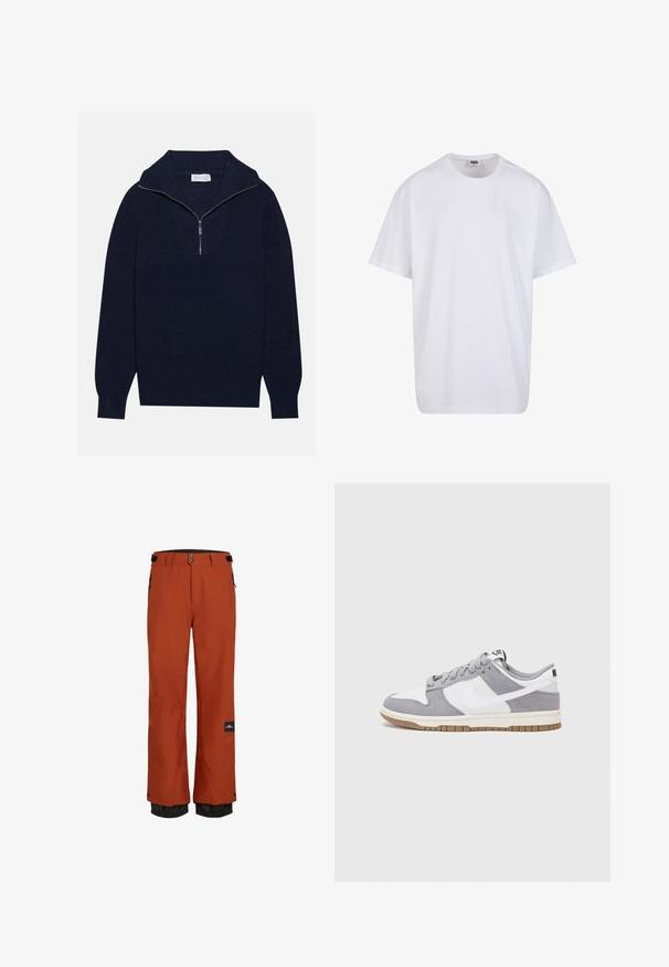 Mornarčasto plavi pleteni pulover s polu-zip ovratnikom, s rebrastom teksturom i dizajnom u obliku slova V na prednjoj strani. Dugi rukavi i prilagođeni rub.; Bijela pamučna majica s kratkim rukavima, zaobljenim izrezom, opuštenog kroja, bez vidljivih logotipa ili uzoraka. Glatka tekstura i minimalni dizajn.; Narančaste vodonepropusne skijaške hlače s crnim podešavajućim pojasom, bočnim džepovima i elastičnim manžetama za regulaciju temperature.; Sivi i bijeli tenisice s gornjištem od antilopa i kože, okruglim vrhom, ravnim vezicama i gumenim potplatom s dodatkom boje gume.