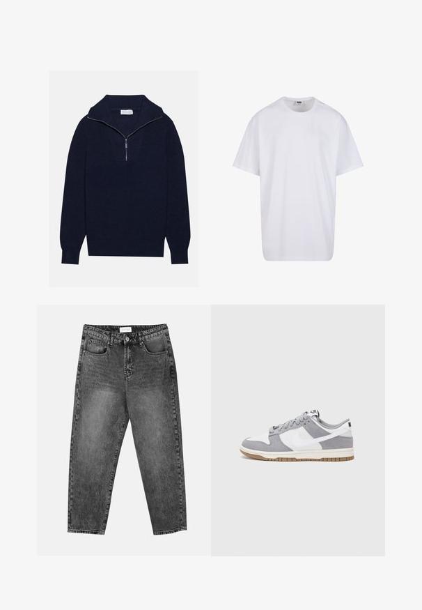 Tumed sinise kudumisega sviiter poole luku kaelusega, mis sisaldab ribakujulist tekstuuri ja V-kujulist disaini esiosas. Pikad varrukad ja kitsasäär.; Valge puuvillane t-särk lühikeste varrukatega, ümmarguse kaelusega, lõdva lõikega ja ilma nähtavate logodeta või mustriteta. Sile tekstuur ja minimaalne disain.; Mustad pestudega sirged teksad, millel on ees ja taga taskud, vööniidid ja nööbiga sulgemine vöö ümber.; Halli ja valge tennis鞋, millel on nubuk- ja nahkdetailid, ümar varvas, lamedad nöörid ning kummist tald, millel on kola aktsent.