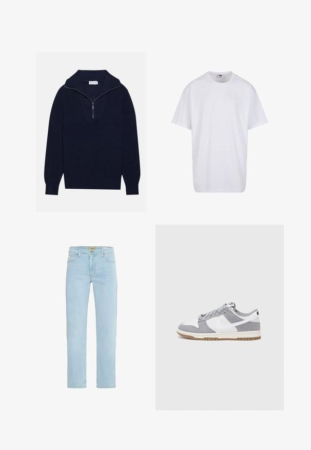 Mornarčasto plavi pleteni pulover s polu-zip ovratnikom, s rebrastom teksturom i dizajnom u obliku slova V na prednjoj strani. Dugi rukavi i prilagođeni rub.; Bijela pamučna majica s kratkim rukavima, zaobljenim izrezom, opuštenog kroja, bez vidljivih logotipa ili uzoraka. Glatka tekstura i minimalni dizajn.; Svijetloplavi traperice ravnog kroja, tradicionalnog dizajna s pet džepova, te zatvaranjem s mesingastim gumbom i patent-zatvaračem sprijeda.; Sivi i bijeli tenisice s gornjištem od antilopa i kože, okruglim vrhom, ravnim vezicama i gumenim potplatom s dodatkom boje gume.