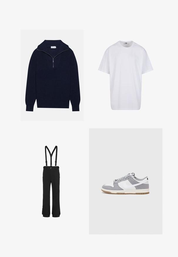 Marineblauwe gebreide trui met een halve ritssluiting, voorzien van een ribbelstructuur en een V-vormig ontwerp op de voorkant. Lange mouwen en een aansluitende zoom.; Witte katoenen t-shirt met korte mouwen, ronde hals, relaxte pasvorm en zonder zichtbare logo's of patronen. Gladde textuur en minimalistisch ontwerp.; Zwarte sneeuwbroeken met verstelbare bretels, voorritssluiting, zijrits zakken en elastische manchetten aan de zoom voor een stevige pasvorm.; Grijze en witte sneaker met een bovenwerk van suede en leer, ronde neus, platte veters en een rubberen zool met een gumaccent.
