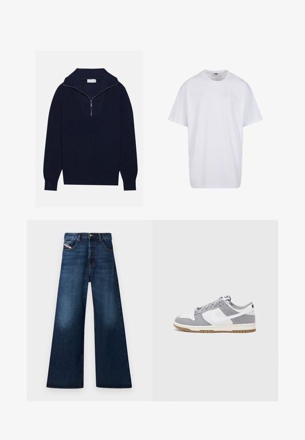 Merseyblu flettefleece med halv glidelås i kragen, med ribbestruktur og et V-formet design på forsiden. Lange ermer og tettsittende hem.; Valkoinen puuvillainen t-paita, jossa on lyhyet hihat, pyöreä kaula-aukko, rento istuvuus ja ei näkyviä logoja tai kuvioita. Sileä pinta ja minimaalinen muotoilu.; Vaatteet leveälahkeiset tummansiniset farkut korkealla vyötäröllä. Ominaisuuksiin kuuluu viisi taskua, nappikiinnitys ja haalistunut pinta reiden kohdalla.; Harmaa ja valkoinen lenkkari, jossa on mokka- ja nahkapinta, pyöreä kärki, litteät nauhat ja kumipohja, jossa on vaahtomuoviväri.