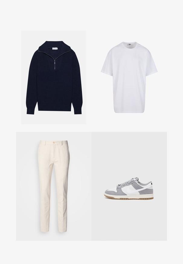 Námorně modrý pletený svetr s polo zipem na límci, s vroubkovanou texturou a V-šikmým designem na přední straně. Dlouhé rukávy a přiléhavý lem.; Bílé triko z bavlny s krátkým rukávem, kulatým výstřihem, volným střihem a bez viditelných log či vzorů. Hladká textura a minimalistický design.; Světlé béžové kalhoty na míru vyrobené z měkké tkaniny. Mají zapínání na knoflík, poutka na opasek a úzký, rovný střih s minimální strukturou.; Šedé a bílé tenisky s svrškem z jemné kůže a kůže, kulatou špičkou, plochými tkaničkami a gumovou podrážkou s akcentem v barvě gumy.