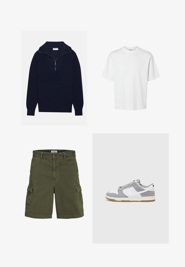 Tumed sinise kudumisega sviiter poole luku kaelusega, mis sisaldab ribakujulist tekstuuri ja V-kujulist disaini esiosas. Pikad varrukad ja kitsasäär.; Valge puuvillane t-särk lühikeste varrukatega, ümmarguse kaelusega ja lõdva lõikega. Sile tekstuur, ilma nähtavate mustrite või aktsentideta.; Oliivroheline cargo-lühikesed püksid, mis on valmistatud puuvillast, sisaldavad lukuga lähenemist, vöötasusid, küljetaskuid ja sirget lõiget.; Halli ja valge tennis鞋, millel on nubuk- ja nahkdetailid, ümar varvas, lamedad nöörid ning kummist tald, millel on kola aktsent.
