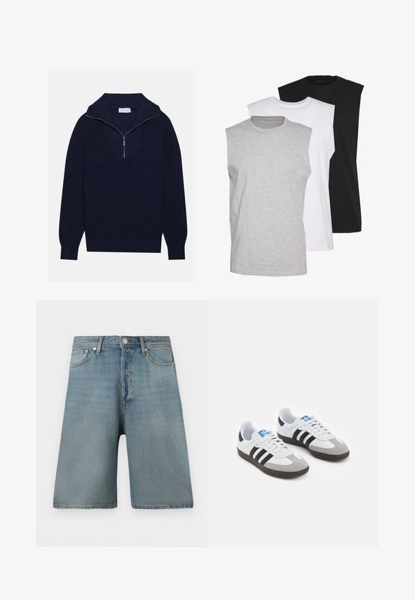 Námornícky modrý pletený sveter s polozipsom, s rebrovanou textúrou a V-tvarom na prednej strane. Dlhé rukávy a priliehavý lem.; Tričko bez rukávov v šedé, bílé a černé barvě. Měkký bavlněný materiál s kulatým výstřihem a volným střihem. Jednoduchý design, bez vzorů.; Svetlomodré denim šortky s voľným strihom, piatimi vreckami a tradičným gombíkovým zapínaním, so zosvetlenými škvrnami pre opotrebovaný vzhľad.; Športové topánky s bielym koženým zvrškom, šedou semišovou špičkou a tromi čiernymi pruhmi. Obsahujú modré logo na jazyku a štruktúrovanú gumovú podrážku.