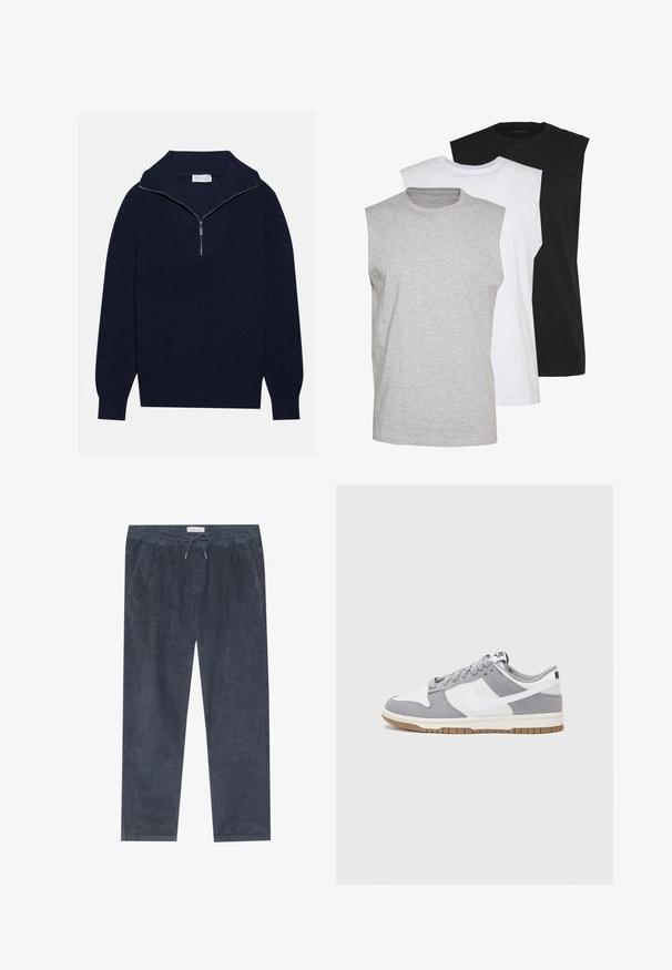 Dunkelblaues Strickpullover mit einem halben Reißverschluss-Kragen, der eine gerippte Textur und ein V-förmiges Design auf der Vorderseite bietet. Lange Ärmel und taillierter Saum.; Drei ärmellose T-Shirts in Grau, Weiß und Schwarz. Weiches Baumwollmaterial mit Rundhalsausschnitt und lockerer Passform. Einfaches Design, keine Muster.; Marineblaue Cordhosen mit elastischem Bund und Kordelzug; mit seitlichen Taschen und vertikaler Rippstruktur. Gerades Bein Design.; Graue und weiße Sneaker mit einem Obermaterial aus Wildleder und Leder, abgerundeter Spitze, flachen Schnürsenkeln und einer Gummisohle mit einem Kautschukakzent.