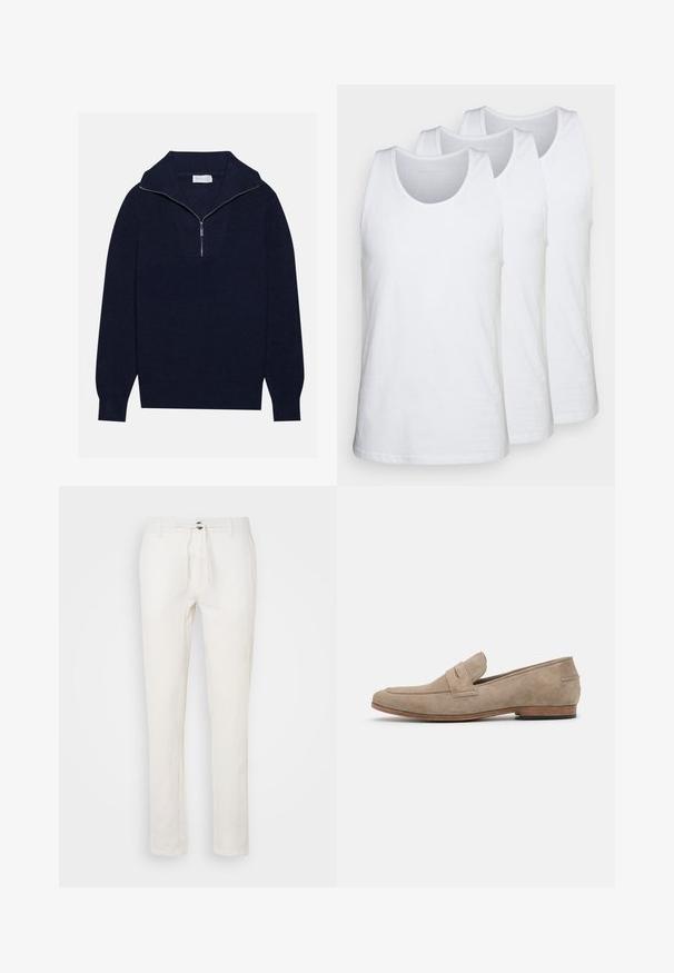 Suéter de malha azul-marinho com colarinho de meia zip, apresentando textura canelada e um design em forma de V na parte da frente. Mangas longas e bainha ajustada.; Pacote de três t-shirts brancas sem mangas feitas de algodão, com decote redondo e design sem mangas, textura suave e ajustamento padrão.; Calças brancas de linho com cintura ajustável, design de perna reta e textura subtil. Sem bolsos visíveis ou padrões.; Mocassim de camurça bege com costura mínima, um salto baixo e sola de couro. Apresenta um detalhe de faixa única perto do vamp. Silhueta plana.