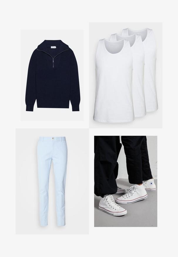 Námorně modrý pletený svetr s polo zipem na límci, s vroubkovanou texturou a V-šikmým designem na přední straně. Dlouhé rukávy a přiléhavý lem.; Balení tří bílých tílek vyrobených z bavlny, s kulatým výstřihem a bezrukávovým designem, hladkou texturou a standardním střihem.; Světle modré bavlněné chinos kalhoty s úzkým střihem, s pružným zapínáním na zip, jedním knoflíkem a předními kapsami. Hladká textura a minimální design.; Bílé plátěné tenisky na vysokém podešvu s gumovou podrážkou, zdobené stříbrnými očky a červenými a námořnickými pruhy podél podrážky.