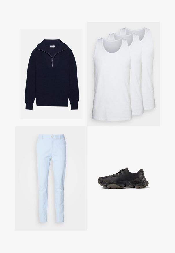 Merseyblu flettefleece med halv glidelås i kragen, med ribbestruktur og et V-formet design på forsiden. Lange ermer og tettsittende hem.; Kolmepakk bielistest ankkuriteks kuube, mis on valmistatud puuvillast, ümarate kaelustega ja ilma varrukateta, sujuva tekstuuri ja tavapärase sobivusega.; Vaaleansiniset puuvillachinoshousut, joissa on kapea malli. Varustettu vetoketjulla, yhdessä nappilukolla ja etutaskuilla. Suurin piirtein sileä pinta ja minimalistinen muotoilu.; Musta urheilukengät, joissa on tekstuuripohja, nahasta ja mokasta valmistettu päällinen, pehmustettu nilkka, ja nauhakiinnitys, esitetty sivuprofiilissa.