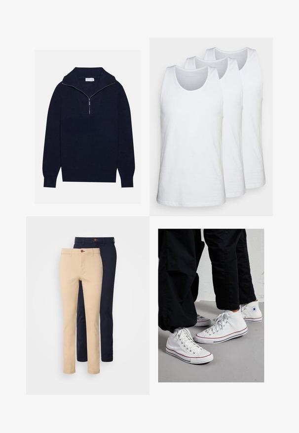 Tumed sinise kudumisega sviiter poole luku kaelusega, mis sisaldab ribakujulist tekstuuri ja V-kujulist disaini esiosas. Pikad varrukad ja kitsasäär.; Kolm bati külma valget t-särki, mis on valmistatud puuvillast, ümmarguse kaelusega ja ilma varrukateta, sileda tekstuuri ja tavalise lõikega.; Beige ja tumesinised chino püksid, millel on kitsas lõige, sile puuvillane kangas, eesmistel taskutel ja nööpkinne.; Valge kanvasest kõrgemad spordijalatsid kummist tallaga, millel on hõbedased silmad ja punased ning tumesinised triibud tallal.