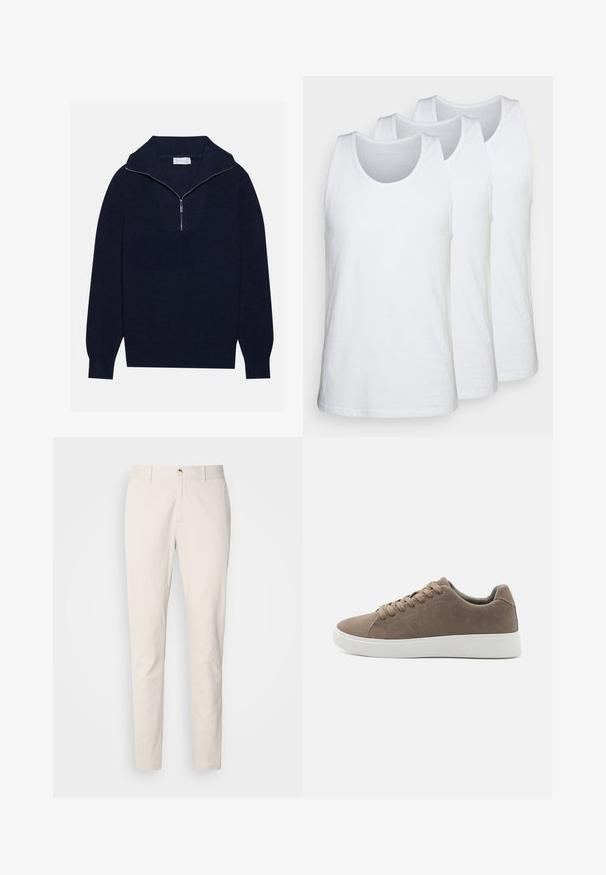 Ναυτικά μπλε πλεκτό πουλόβερ με μισό φερμουάρ στον γιακά, με ριγέ υφή και σχέδιο σε σχήμα V στο μπροστινό μέρος. Μακριά μανίκια και εφαρμοστό τελείωμα.; Πακέτο τριών λευκών αμάνικων μπλουζών από βαμβάκι, με στρογγυλή λαιμόκοψη και σχεδίαση χωρίς μανίκια, ομαλή υφή και κανονική εφαρμογή.; Scotch & Soda SEASONAL CORE STUART - Chinos - highway grey; Καφέ σουέτ αθλητικά παπούτσια με επίπεδες λευκές καουτσούκ σόλες, σχέδιο με κορδόνια, στρογγυλή μύτη και λεία υφή. Μινιμαλιστικό στυλ με διακριτές ραφές.