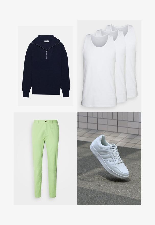 Mörkblå stickad tröja med halvdragkedja i kragen, med ribbad textur och ett V-format mönster på framsidan. Långa ärmar och figursydd nederkant.; Förpackning med tre vita linnen i bomull, med rundad halsringning och ärmlös design, slät textur och standard passform.; Ljusgröna bomullsbyxor med slim fit, med en enda brun knappknäppning och standardfickor, slät textur, utan mönster.; Vit atletisk sneakers med slätt läderöverdel, snörning fram, perforerad tå och mönstrad sula. Minimalistisk design med tre sidostycken.