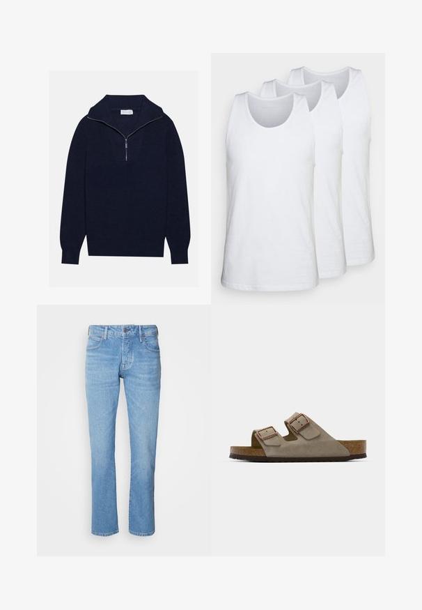 Ναυτικά μπλε πλεκτό πουλόβερ με μισό φερμουάρ στον γιακά, με ριγέ υφή και σχέδιο σε σχήμα V στο μπροστινό μέρος. Μακριά μανίκια και εφαρμοστό τελείωμα.; Πακέτο τριών λευκών αμάνικων μπλουζών από βαμβάκι, με στρογγυλή λαιμόκοψη και σχεδίαση χωρίς μανίκια, ομαλή υφή και κανονική εφαρμογή.; Ανοιχτό μπλε τζιν παντελόνι σε ίσια γραμμή, φτιαγμένο από ντένιμ, με πέντε τσέπες, κουμπί κλεισίματος και διακριτική φθορά για υφή. Χωρίς ορατή σήμανση.; Suede παντόφλα με δύο ρυθμιζόμενους ιμάντες σε ανοιχτό γκρι χρώμα, φελλό στην ενδιάμεση σόλα και υφασμάτινη καουτσούκ σόλα.