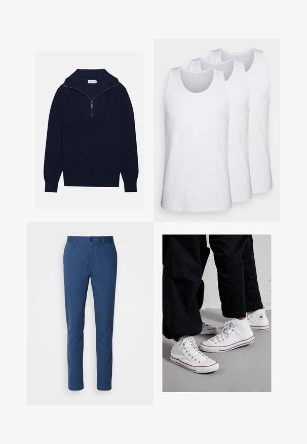 Ναυτικά μπλε πλεκτό πουλόβερ με μισό φερμουάρ στον γιακά, με ριγέ υφή και σχέδιο σε σχήμα V στο μπροστινό μέρος. Μακριά μανίκια και εφαρμοστό τελείωμα.; Πακέτο τριών λευκών αμάνικων μπλουζών από βαμβάκι, με στρογγυλή λαιμόκοψη και σχεδίαση χωρίς μανίκια, ομαλή υφή και κανονική εφαρμογή.; Ναυτικό μπλε βαμβακερές chinos με κομψή γραμμή; διαθέτει κανονική μέση, εμπρόσθιες τσέπες και κουμπί κλεισίματος. Λείος υφασμάτινος υφές.; Λευκά ψηλά πάνινα παπούτσια με καουτσούκ σόλα, που διαθέτουν ασημένια οπτικά και κόκκινες και ναυτικές ρίγες κατά μήκος της σόλας.