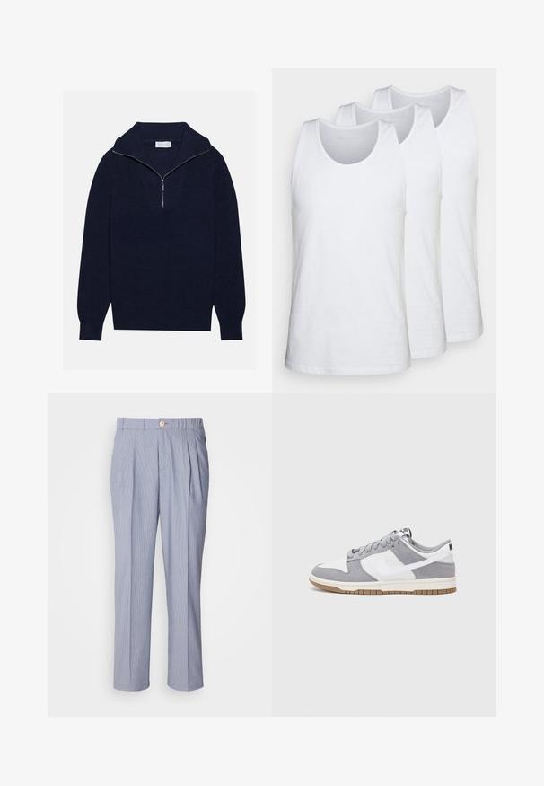 Mornarsko modra pletena pulover s polovico zadrge, ki se ponaša z rebrasto strukturo in V-obliko na sprednji strani. Dolgi rokavi in prilagojen rob.; Paket treh belih majic z naramnicami, izdelanih iz bombaža, z zaobljenim ovratnikom in brezrokavnim dizajnom, gladko teksturo in standardno prileganje.; Prugaste hlače v svetlo modri in beli barvi, z gumbnim zapiranjem, gubanjem na sprednji strani in ravnim krojem. Gladka tekstura blaga.; Sive in bele teniske s suknim in usnjem zgornjim delom, zaobljenim nosom, ravnimi vezalkami in gumijastim podplatom z dodatkom gumijaste barve.