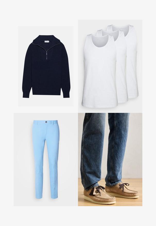 Navy blue knit sweater with a half-zip collar, featuring ribbed texture and a V-shaped design on the front. Long sleeves and fitted hem.; Pack of three white tank tops made of cotton, featuring a rounded neckline and sleeveless design, smooth texture, and standard fit.; Light blue cotton trousers with a straight cut, featuring a front button closure and side pockets. Smooth texture and no visible patterns.; Suede moccasins in tan with dark brown accent, rounded toe, and plush white sole. Features lace-up design and stitched detailing.