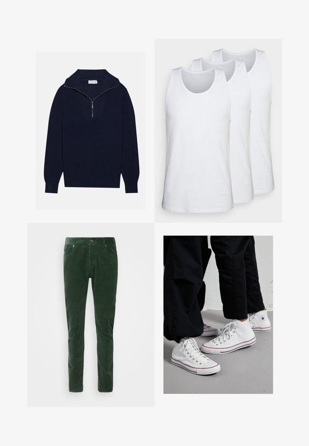 Merseyblu flettefleece med halv glidelås i kragen, med ribbestruktur og et V-formet design på forsiden. Lange ermer og tettsittende hem.; Kolmepakk bielistest ankkuriteks kuube, mis on valmistatud puuvillast, ümarate kaelustega ja ilma varrukateta, sujuva tekstuuri ja tavapärase sobivusega.; Vihreät corduroykankaiset housut suoralla leikkauksella. Ominaisuuksiin kuuluu viisi taskua, metallinappikiinnitys ja taitettu rakenne. Konepestävät.; Valkoiset kankaiset korkeat tennarit, joissa on kumipohja, hopeiset silmukat ja punaiset sekä laivastonsiniset raidat pohjan ympärillä.