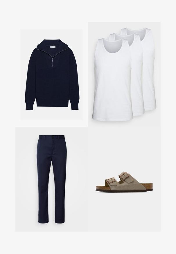 Navy blue knit sweater with a half-zip collar, featuring ribbed texture and a V-shaped design on the front. Long sleeves and fitted hem.; Pack of three white tank tops made of cotton, featuring a rounded neckline and sleeveless design, smooth texture, and standard fit.; Navy blue trousers made of cotton blend. Features a straight leg, a waistband with a belt loop, and a front button closure.; Suede slide sandal in light grey with two adjustable buckles, a cork midsole, and a textured rubber outsole.