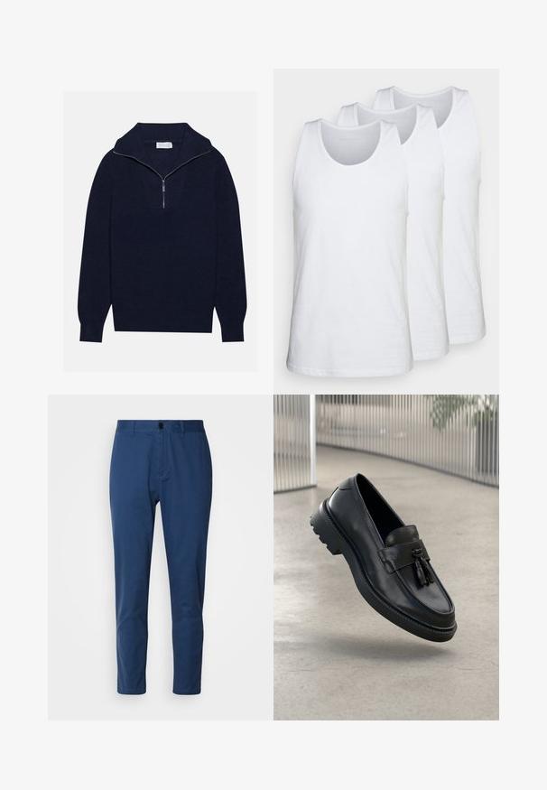 Maglione a maglia blu navy con colletto a mezza zip, caratterizzato da una texture a coste e un design a forma di V nella parte anteriore. Maniche lunghe e orlo aderente.; Pacco di tre canottiere bianche in cotone, con scollatura rotonda e design senza maniche, superficie liscia e vestibilità standard.; Pantaloni in cotone blu navy con una texture liscia, taglio dritto e chiusura con bottone in vita. Senza motivi visibili o accessori.; Mocassini in pelle nera con finitura liscia, nappe decorative, suola spessa in gomma e dettagli cuciti. Design leggero ed elegante.