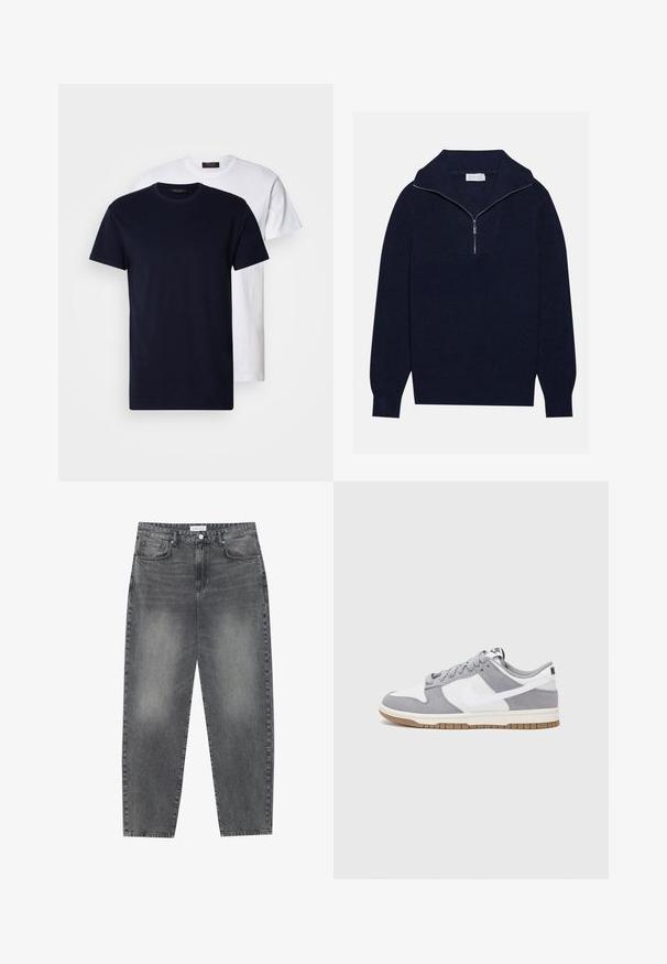 Námorně modrý pletený svetr s polo zipem na límci, s vroubkovanou texturou a V-šikmým designem na přední straně. Dlouhé rukávy a přiléhavý lem.; Dvé bavlněné trička: jedno námořnické modré a jedno bílé, obě s krátkým rukávem a kulatým výstřihem, hladká textura, a žádné viditelné vzory.; Kalhoty s vysokým pasem, volného střihu, vyrobené z vybledlého černého denimu. Mají pět kapes, poutka na opasek a čistý, rovný střih nohavic.; Šedé a bílé tenisky s svrškem z jemné kůže a kůže, kulatou špičkou, plochými tkaničkami a gumovou podrážkou s akcentem v barvě gumy.