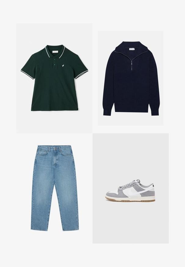 Granatowy sweter wełniany z połową suwaka, z prążkowaną fakturą i V-kształtnym wzorem z przodu. Długie rękawy i dopasowany dół.; Pier One - Koszulka polo; Jasnoniebieskie dżinsy z denimu o prostym kroju nogawek, z pięcioma kieszeniami i lekko wyblakłą teksturą. Zapięcie na guzik i suwak.; Szare i białe trampki z zamszową i skórzaną cholewą, okrągłym noskiem, płaskimi sznurówkami i gumową podeszwą z akcentem w kolorze gumy.
