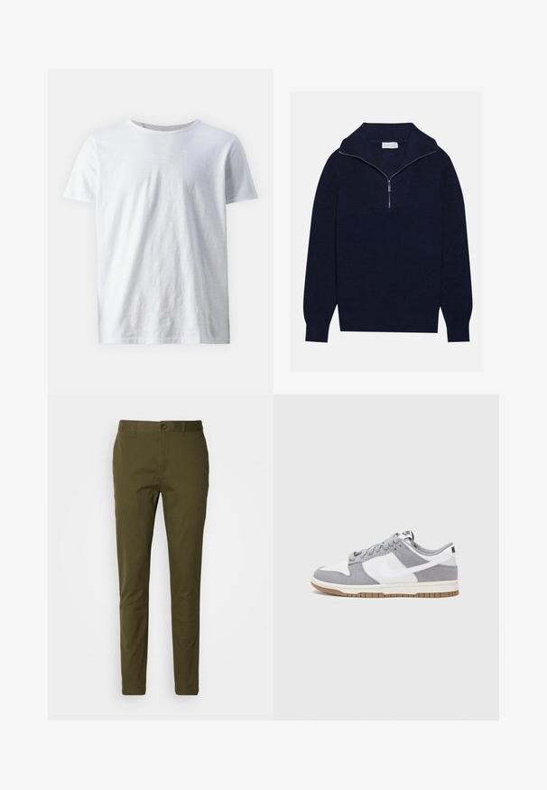 Mornarčasto plavi pleteni pulover s polu-zip ovratnikom, s rebrastom teksturom i dizajnom u obliku slova V na prednjoj strani. Dugi rukavi i prilagođeni rub.; Bijela majica s kratkim rukavima izrađena od laganog materijala. Okrugli izrez s glatkom teksturom i bez vidljivih uzoraka ili detalja.; Hlače maslinaste boje od glatkog pamuka, s kopčanjem na gumb, uskim krojem i minimalnim šavovima na pojasu.; Nike tenisice imaju gornji dio od sive brušene kože i bijele kože s perforacijama, okrugle vezice i gumeni potplat za prianjanje.