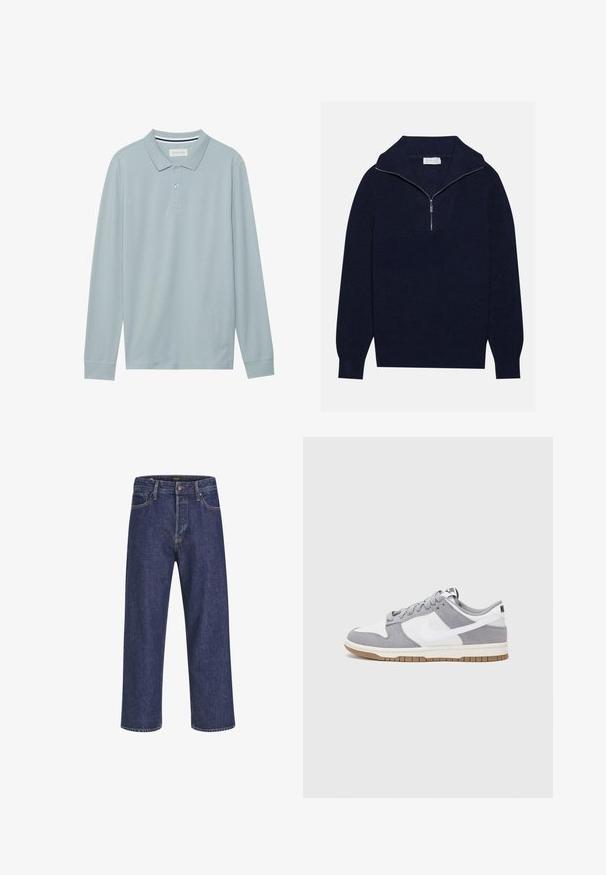 Tengerészkék kötött pulóver félcipzáros gallérral, bordás textúrával és V-alakú mintával az elején. Hosszú ujjú és testhez simuló szegéllyel rendelkezik.; Hosszú ujjú pólóing világoskék színben, lapos gallérral, háromgombos középső részzel és diszkrét textúrájú anyaggal. A gallér belsején csíkos mintázat található.; Sötétkék farmernadrág egyenes szabással, öt zsebes kialakítással, fém gombos záródással és kontrasztos varrással, diszkrét textúrával.; Szürke és fehér sportcipő, velúr és bőr felsőrésszel, kerek orral, lapos fűzőkkel és gumitalppal, amelyen rágógumi színű díszítés található.
