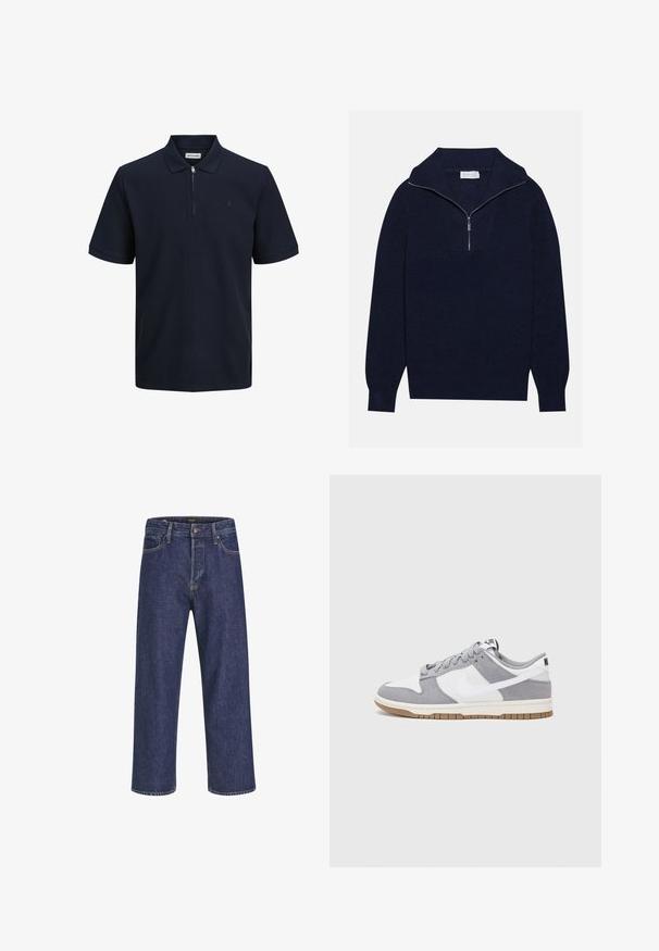 Marineblauwe gebreide trui met een halve ritssluiting, voorzien van een ribbelstructuur en een V-vormig ontwerp op de voorkant. Lange mouwen en een aansluitende zoom.; Marineblauwe polo met korte mouwen, gestructureerde stof, kraag en een halve ritssluiting. Heeft een klein logo op de linkerborst.; Donkerblauwe spijkerbroek met een rechte snit, vijf zakken, een metalen knoopsluiting en contrasterende stiksels, met een subtiele textuur.; Grijze en witte sneaker met een bovenwerk van suede en leer, ronde neus, platte veters en een rubberen zool met een gumaccent.