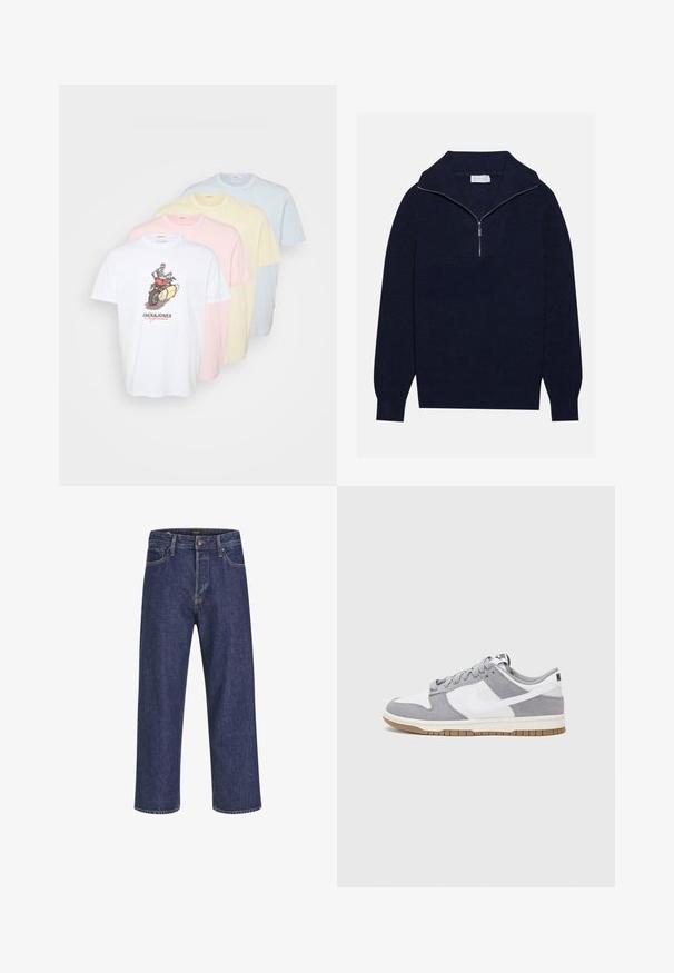 Navy blue knit sweater with a half-zip collar, featuring ribbed texture and a V-shaped design on the front. Long sleeves and fitted hem.; Pack of four cotton t-shirts in white, pink, yellow, and light blue. Features a graphic print on the white shirt. Classic crew neck design.; Dark blue denim jeans with a straight cut, five-pocket design, metal button closure, and contrasting stitching, featuring a subtle texture.; Gray and white sneaker with a suede and leather upper, rounded toe, flat laces, and a rubber sole featuring a gum accent.