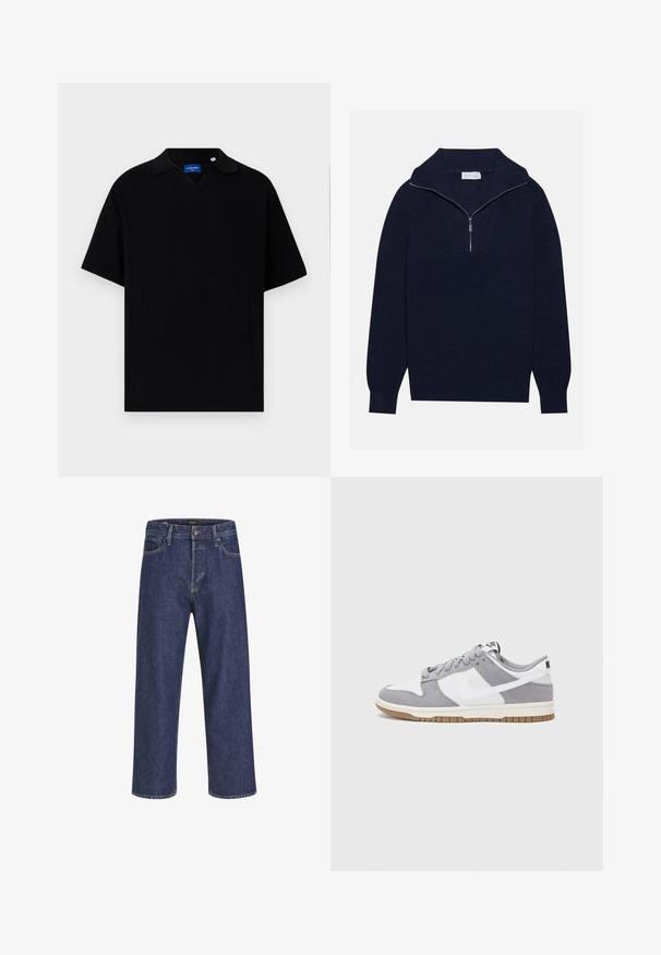 Mørkeblå striktrøje med halvlukket krave, med ripet tekstur og et V-formet design på forsiden. Lange ærmer og tætsiddende kanten.; Sort kortærmet polo skjorte med V-hals, der har en ribbet tekstur og subtile lodrette striber. Mærke indeni halsområdet.; Mørkeblå denimjeans med lige snit, fem-lomme design, metalknaplukning og kontrasterende syninger, der har en subtil tekstur.; Grå og hvid sneaker med en overdel i ruskind og læder, rund tå, flade snørebånd og en gummisål med en gummifarvet detalje.