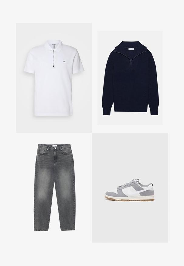Dunkelblaues Strickpullover mit einem halben Reißverschluss-Kragen, der eine gerippte Textur und ein V-förmiges Design auf der Vorderseite bietet. Lange Ärmel und taillierter Saum.; Weißes Poloshirt mit kurzem Reißverschlusskragen, gesticktem Logo auf der Brust und einem weichen Baumwollmaterial mit glatter Textur.; Hoch taillierte, locker sitzende Jeans aus verwaschenem schwarzem Denim. Verfügt über fünf Taschen, Gürtelschlaufen und ein sauberes, gerades Bein-Design.; Graue und weiße Sneaker mit einem Obermaterial aus Wildleder und Leder, abgerundeter Spitze, flachen Schnürsenkeln und einer Gummisohle mit einem Kautschukakzent.