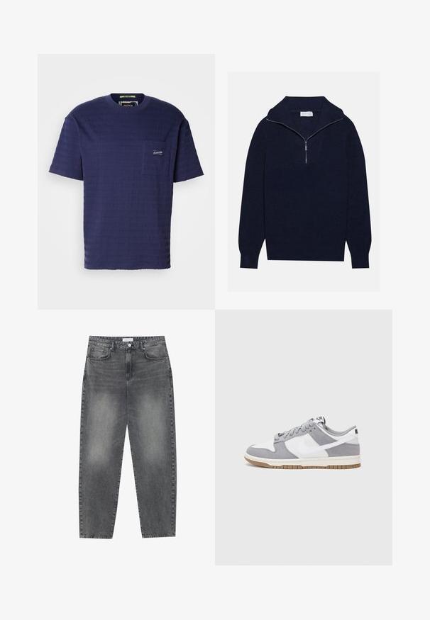 Námornícky modrý pletený sveter s polozipsom, s rebrovanou textúrou a V-tvarom na prednej strane. Dlhé rukávy a priliehavý lem.; Námornícky modré tričko s krátkym rukávom a textúrovanou látkou, s vodorovnými pruhmi a malou náprsnej vreckom s logom.; Vysoké, voľné džínsy z vyblednutého čierneho denimu. Obsahujú päť vreciek, pútka na opasok a čistý, rovný strih nohavíc.; Sivé a biele tenisky s vrchom z semišu a kože, zaoblenou špičkou, plochými šnúrkami a gumovou podrážkou s akcentom vo farbe gumy.