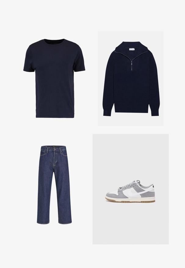 Tengerészkék kötött pulóver félcipzáros gallérral, bordás textúrával és V-alakú mintával az elején. Hosszú ujjú és testhez simuló szegéllyel rendelkezik.; Pier One Basic póló - dark blue; Sötétkék farmernadrág egyenes szabással, öt zsebes kialakítással, fém gombos záródással és kontrasztos varrással, diszkrét textúrával.; Szürke és fehér sportcipő, velúr és bőr felsőrésszel, kerek orral, lapos fűzőkkel és gumitalppal, amelyen rágógumi színű díszítés található.