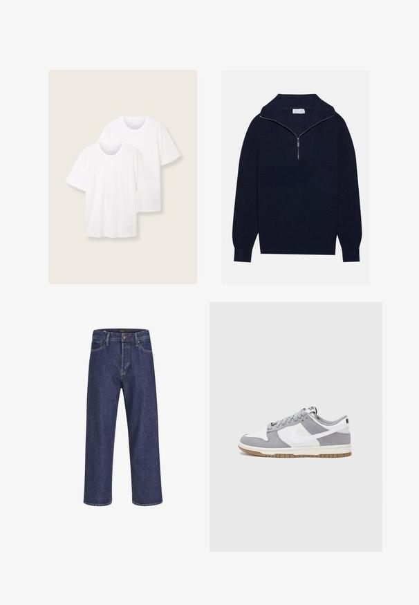 Merseyblu flettefleece med halv glidelås i kragen, med ribbestruktur og et V-formet design på forsiden. Lange ermer og tettsittende hem.; Kaksi valkoista puuvillapaitaa, joissa on lyhyet hihat ja pyöreät kaula-aukot, ja joissa on huomaamaton logo-yksityiskohta alareunassa.; Tummansiniset farkut suoran leikkauksen, viidellä taskulla, metallinappikiinnityksellä ja erottuvan ompeleen kanssa, joissa on hienovarainen tekstuuri.; Niken tennarit on valmistettu harmaasta mokkanahasta ja valkoisesta nahasta, joissa on rei'itykset, pyöreät nauhat ja kumipohja pitoon.