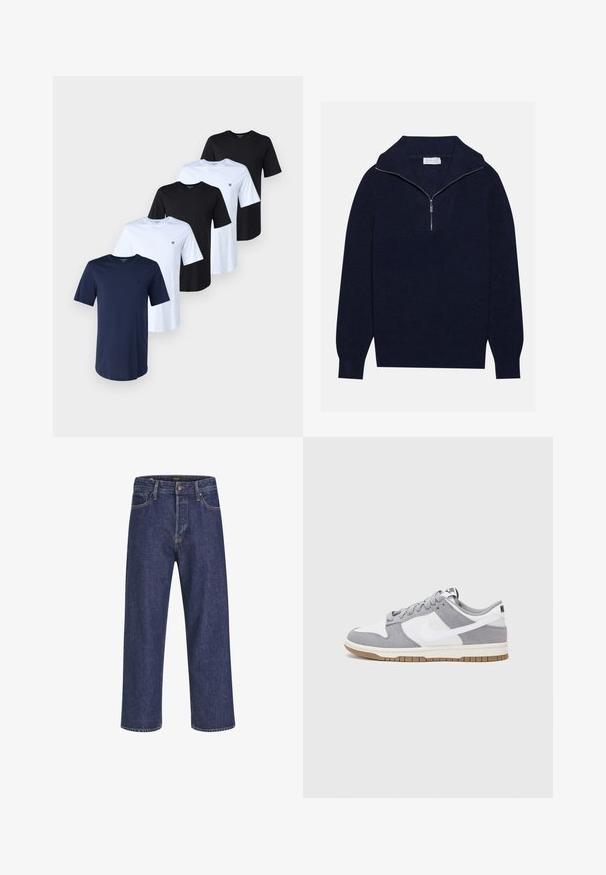 Mornarčasto plavi pleteni pulover s polu-zip ovratnikom, s rebrastom teksturom i dizajnom u obliku slova V na prednjoj strani. Dugi rukavi i prilagođeni rub.; Pet majica u tamnoplavoj, crnoj i bijeloj pamučnoj tkanini. Svaka ima okrugli izrez i kratke rukave. Mali logo se pojavljuje na lijevoj strani prsiju svake majice.; Tamno plave traperice s ravnim krojem, dizajnom s pet džepova, metalnim kopčanjem i kontrastnim šavovima, koje imaju suptilnu teksturu.; Sivi i bijeli tenisice s gornjištem od antilopa i kože, okruglim vrhom, ravnim vezicama i gumenim potplatom s dodatkom boje gume.