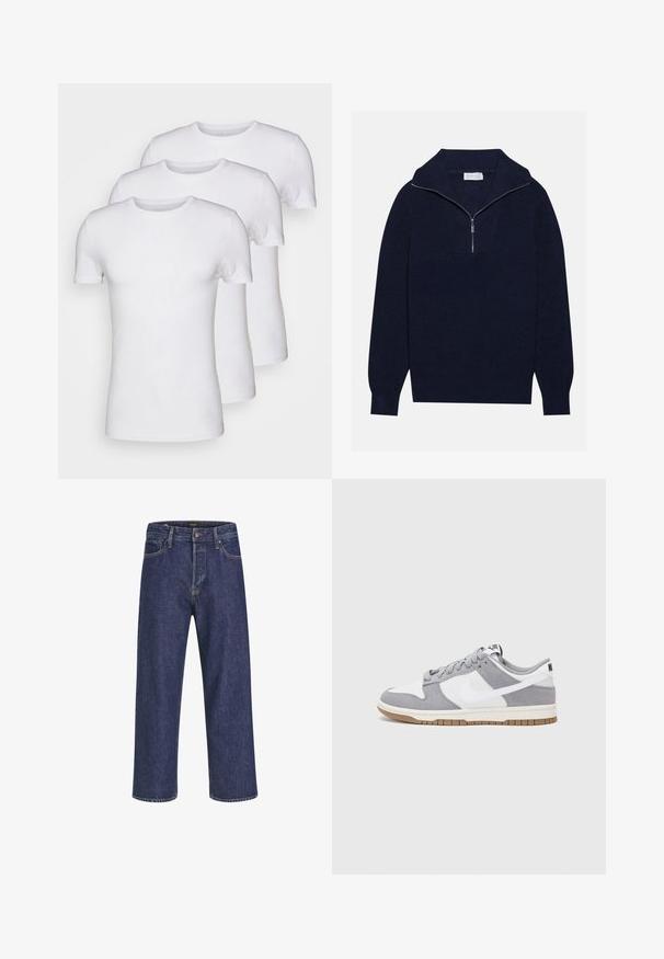 Dunkelblaues Strickpullover mit einem halben Reißverschluss-Kragen, der eine gerippte Textur und ein V-förmiges Design auf der Vorderseite bietet. Lange Ärmel und taillierter Saum.; Drei weiße Baumwoll-T-Shirts mit kurzen Ärmeln und runden Ausschnitten, glatte Textur und ohne Muster oder Grafiken.; Dunkelblaue Denim-Jeans mit geradem Schnitt, Fünf-Taschen-Design, Metallknopfverschluss und kontrastierenden Nähten, die eine dezente Textur aufweisen.; Nike-Sneaker verfügen über ein graues Wildleder- und weißes Lederoberteil mit Perforationen, runden Schnürsenkeln und einer Gummisohle für besseren Halt.