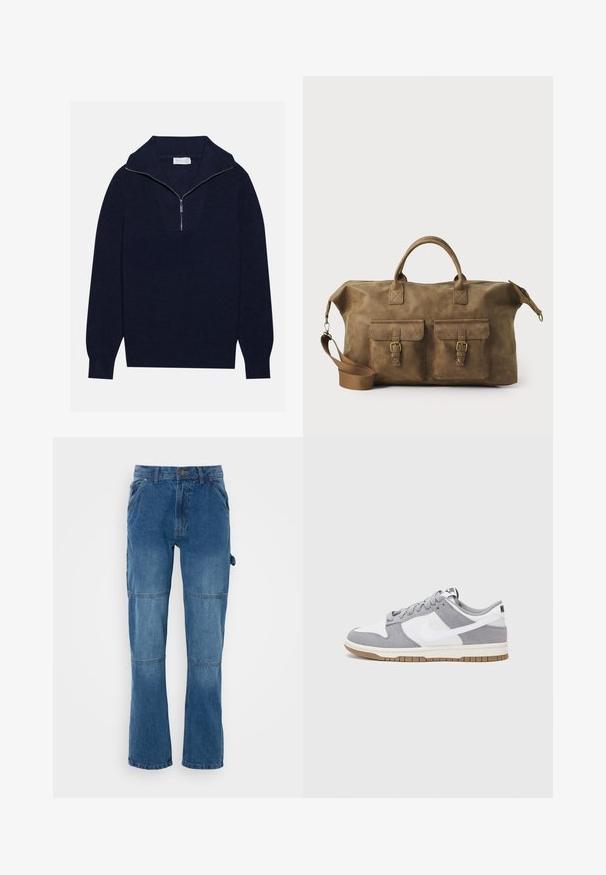 Pulover tricotat de culoare albastru marin, cu guler cu jumătate de fermoar, având o textură ribbed și un design în formă de V pe față. Mâneci lungi și tiv ajustat.; Pantaloni din denim albastru cu un design drept, având detalii la cusături și închidere cu buton. Materialul prezintă o spălare decolorată cu o textură netedă.; Adidașii Nike prezintă o parte superioară din piele întoarsă gri și piele albă cu perforații, șireturi rotunde și o talpă gumă pentru aderență.; Geantă de voiaj din piele maro, cu două buzunare frontale, curea de umăr ajustabilă, accesorii aurii și mânere superioare rezistente. Textură netedă.
