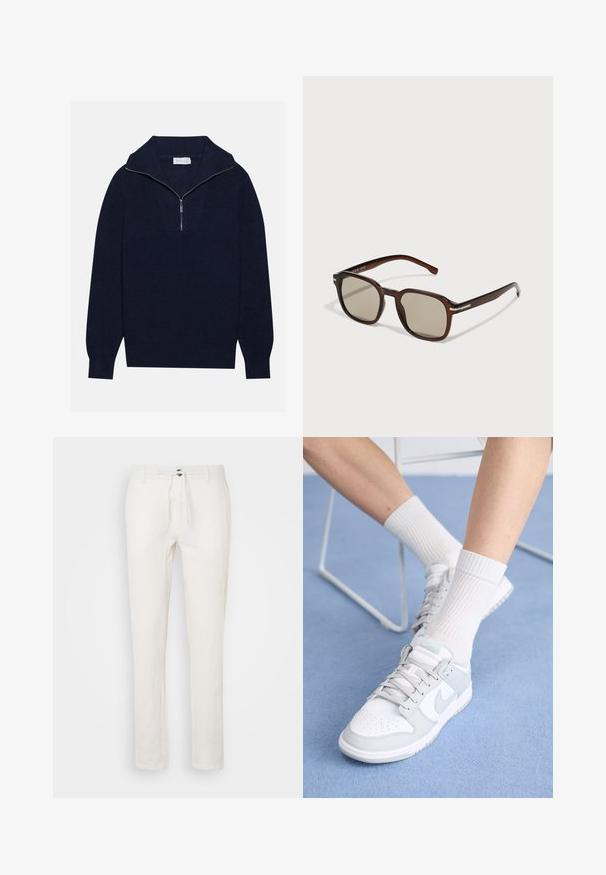 Marineblauwe gebreide trui met een halve ritssluiting, voorzien van een ribbelstructuur en een V-vormig ontwerp op de voorkant. Lange mouwen en een aansluitende zoom.; Witte linnen broeken met een koordsluiting in de taille, recht gesneden ontwerp en subtiele textuur. Geen zichtbare zakken of patronen.; Witte sneakers met lichtblauwe accenten, leren bovenkant, geperforeerde neus, dikke veters en ribbelsokken in het wit tegen een blauwe achtergrond.; Bruine rechthoekige zonnebril met getinte glazen, kunststof frame en metalen accenten aan de zijkanten. Heeft een slank ontwerp en een gladde textuur.