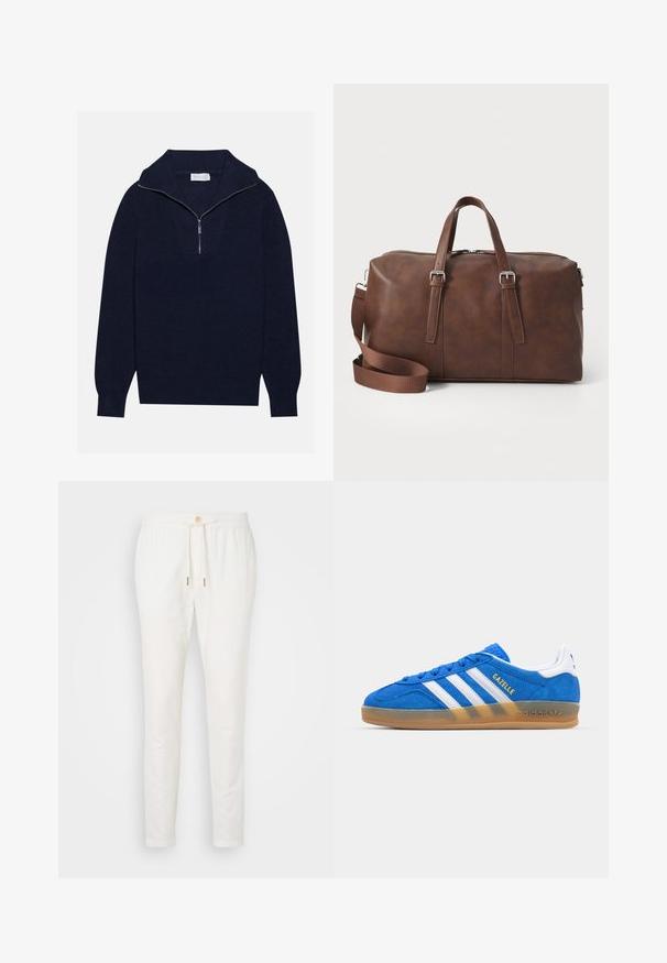 Pull en maille bleu marine avec un col zippé à moitié, présentant une texture côtelée et un design en V sur le devant. Manches longues et ourlet ajusté.; Pantalons en lin blanc avec une taille à cordon, fermeture à bouton et coupe fuselée. Texture lisse avec un minimum de détails et sans motifs visibles.; Baskets en daim bleu avec des rayures blanches et le texte "Gazelle". Présentent une semelle en caoutchouc à gomme et des accents texturés sur le dessus. Design classique.; Sac de voyage en cuir brun avec poignées supérieures, bandoulière amovible, fermeture à glissière et texture lisse. Design minimaliste sans logos visibles.