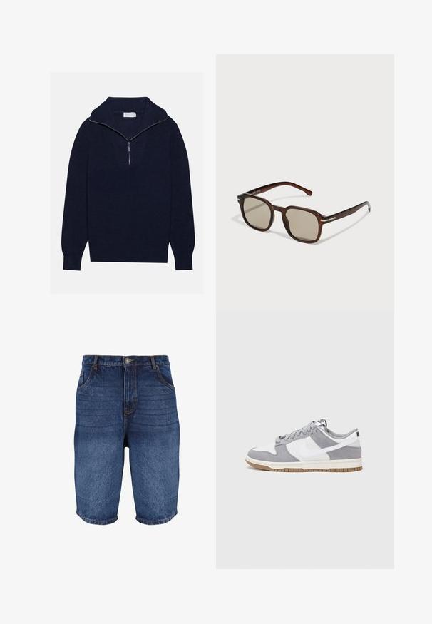 Námornícky modrý pletený sveter s polozipsom, s rebrovanou textúrou a V-tvarom na prednej strane. Dlhé rukávy a priliehavý lem.; Tmavomodré denimové šortky s vyblednutým povrchom. Obsahujú päť vreciek, predné zapínanie na gombík a prešité detaily pozdĺž švov.; Sivé a biele tenisky s vrchom z semišu a kože, zaoblenou špičkou, plochými šnúrkami a gumovou podrážkou s akcentom vo farbe gumy.; Hnedé obdĺžnikové slnečné okuliare s tónovanými šošovkami, plastovým rámom a kovovými akcentmi na stranách. Vyznačujú sa elegantným dizajnom a hladkým povrchom.