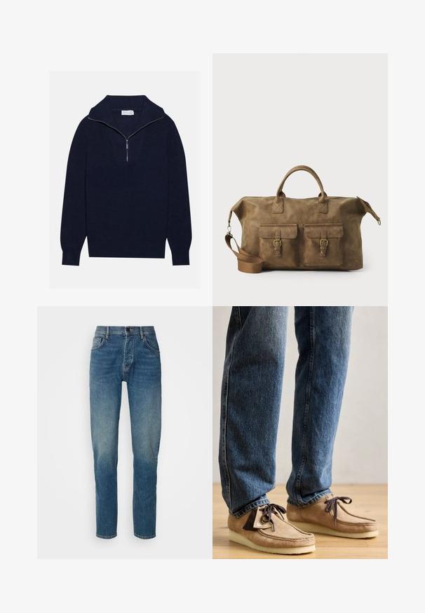 Marineblå strikkegenser med halv-zip krage, med ribbet tekstur og et V-formet design på forsiden. Lange ermer og tettsittende kant.; Denim jeans i en middels blå vask, med rett ben-design, fem lommer, glidelås foran og knappelukking. Falmet tekstur på lårene.; Suedes mokasiner i tan med mørkebrune detaljer, rund tå og myk hvit såle. Har snøring og sømdetaljer.; Brun lær duffelbag med to frontlommer, justerbar skulderrem, gullfarget maskinvare og robuste topphåndtak. Glatt tekstur.