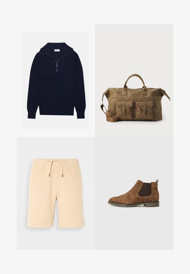 Mornarčasto plavi pleteni pulover s polu-zip ovratnikom, s rebrastom teksturom i dizajnom u obliku slova V na prednjoj strani. Dugi rukavi i prilagođeni rub.; Bežani kratki hlače od kordura s elastičnim pojasom i vezicom. Imaju bočne džepove i ravni kroj. Mekana tekstura i glatka završna obrada.; Smeđi antilop Chelsea čizme s elastičnim bočnim panelima, drškom i teksturiranim gumenskim đonom s utorima za prianjanje.; Smeđi kožni putni kovčeg s dva prednja džepa, podesivim remenom za rame, zlatnim detaljima i čvrstim gornjim ručkama. Glatka tekstura.