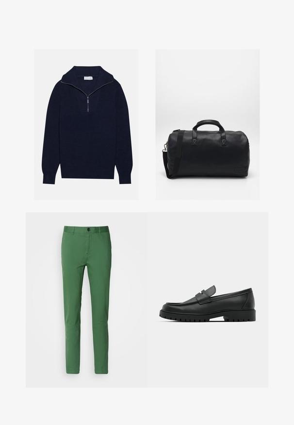 Mornarčasto plavi pleteni pulover s polu-zip ovratnikom, s rebrastom teksturom i dizajnom u obliku slova V na prednjoj strani. Dugi rukavi i prilagođeni rub.; Zelene uske hlače od mješavine pamuka, s klasičnim kopčanjem na dugme, bočnim džepovima i glatkom teksturom.; Crne kožne mokasine s zaobljenim vrhom, s ušivenim dizajnom, niskom platformom i teksturiranim, gumenim potplatom s izbočinama.; Crna torba s ručkama od teksturiranog sintetičkog materijala. Ima dvije ručke i podesivu ramenu traku. Jednostavan dizajn bez vidljivih uzoraka.