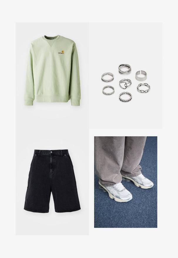 Hanorac verde deschis, realizat dintr-un amestec de bumbac. Are manșete și tiv ribbate, cu un mic logo brodat pe piept. Design simplu, cu gât rotund.; Pantalonii scurți din denim negri au o croială lejeră, un design standard cu cinci buzunare și închidere cu nasture metalic. Textură netedă cu o decolorare minimă.; Încălțăminte sportivă albă din plasă, cu accente argintii, cu talpă groasă și sistem de șireturi. Purtați cu pantaloni gri din catifea de cord. Fundal cu covor albastru.; Set de șapte inele din argint cu diverse modele, inclusiv modele răsucite, legate și gravate. Forme și lățimi diferite.