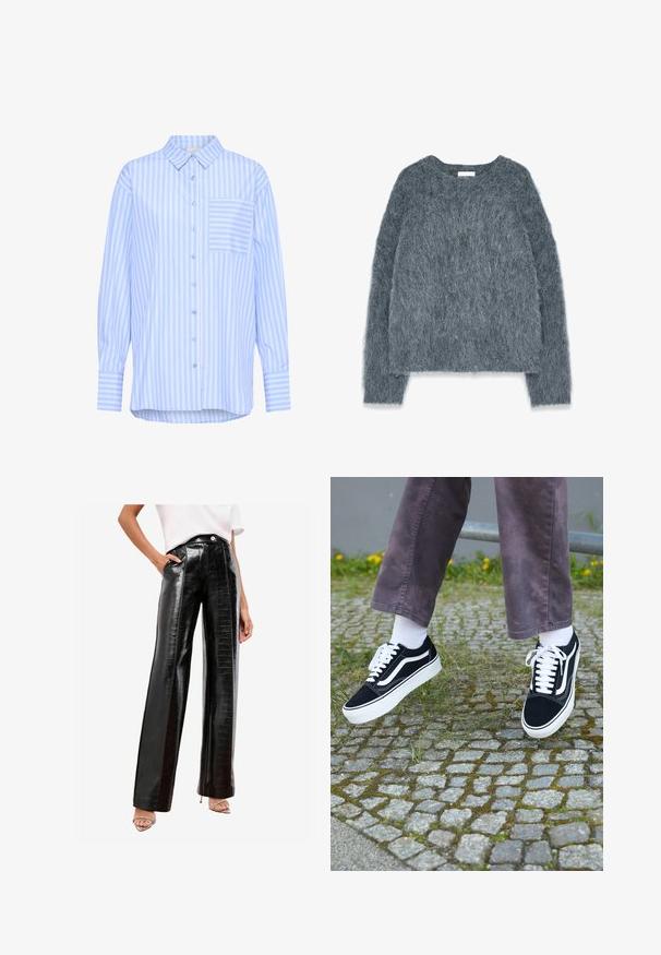 Textureeritud hall sviiter, millel on lahtine lõige, pikad varrukad ja lai kaelus. Pehme, koheline materjal, millel on kerge sära. Ei ole silmapaistvaid mustreid ega aktsente.; Kaffe KAMACKIE - Nööpidega pluus - blue white stripe; Mustad kõrge vöökohaga püksid, mis on valmistatud läikivast kunstnahast ja millel on krokodillimuster, külgtaskud ja sirge lõige.; Mustad nubukist spordijalatsid valgete detailidega, millel on ümar nina, paks valge tald ja klassikaline sidumise disain, kantud valgete sokkide ja lilla pükste juurde.