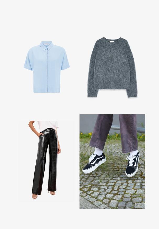 Teksturirana siva jopica s širšim krojem, dolgimi rokavi in širokim izrezom. Mehka, puhasta tkanina z rahlim leskom. Brez izrazitih vzorcev ali dodatkov.; Svijetloplava košulja kratkih rukava od mekanog materijala, s dugmadi sprijeda i klasičnim ovratnikom. Glatka tekstura i opušteni kroj.; Črne hlače z visokim pasom, narejene iz sijoče umetne usnje, z vzorcem krokodila, stranskimi žepi in ravnim krojem.; Črne semiš teniske z belimi akcenti, s krožno prstom, debelim belim podplatom in klasičnim vezanjem, nošene z belimi nogavicami in vijoličnimi hlačami.